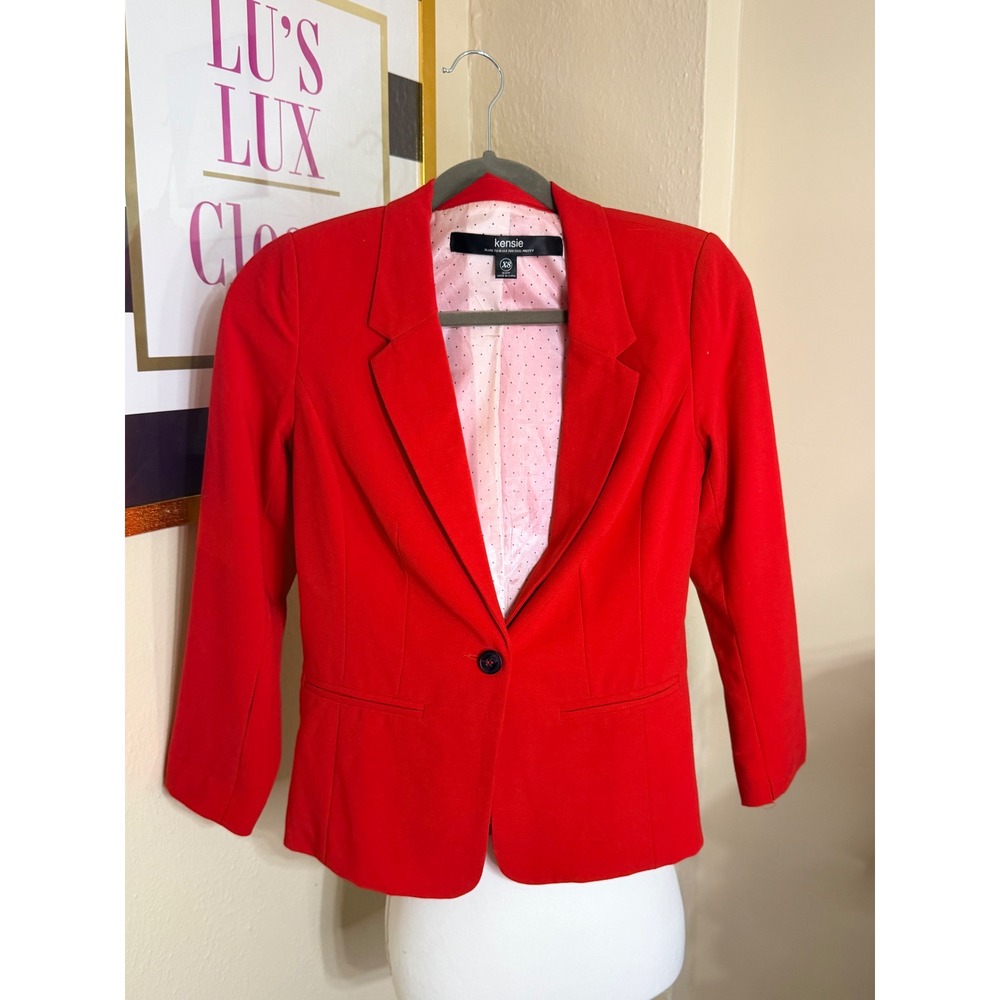 Kensie Red Single Button Blazer Jacket Polka Dot Lining XS